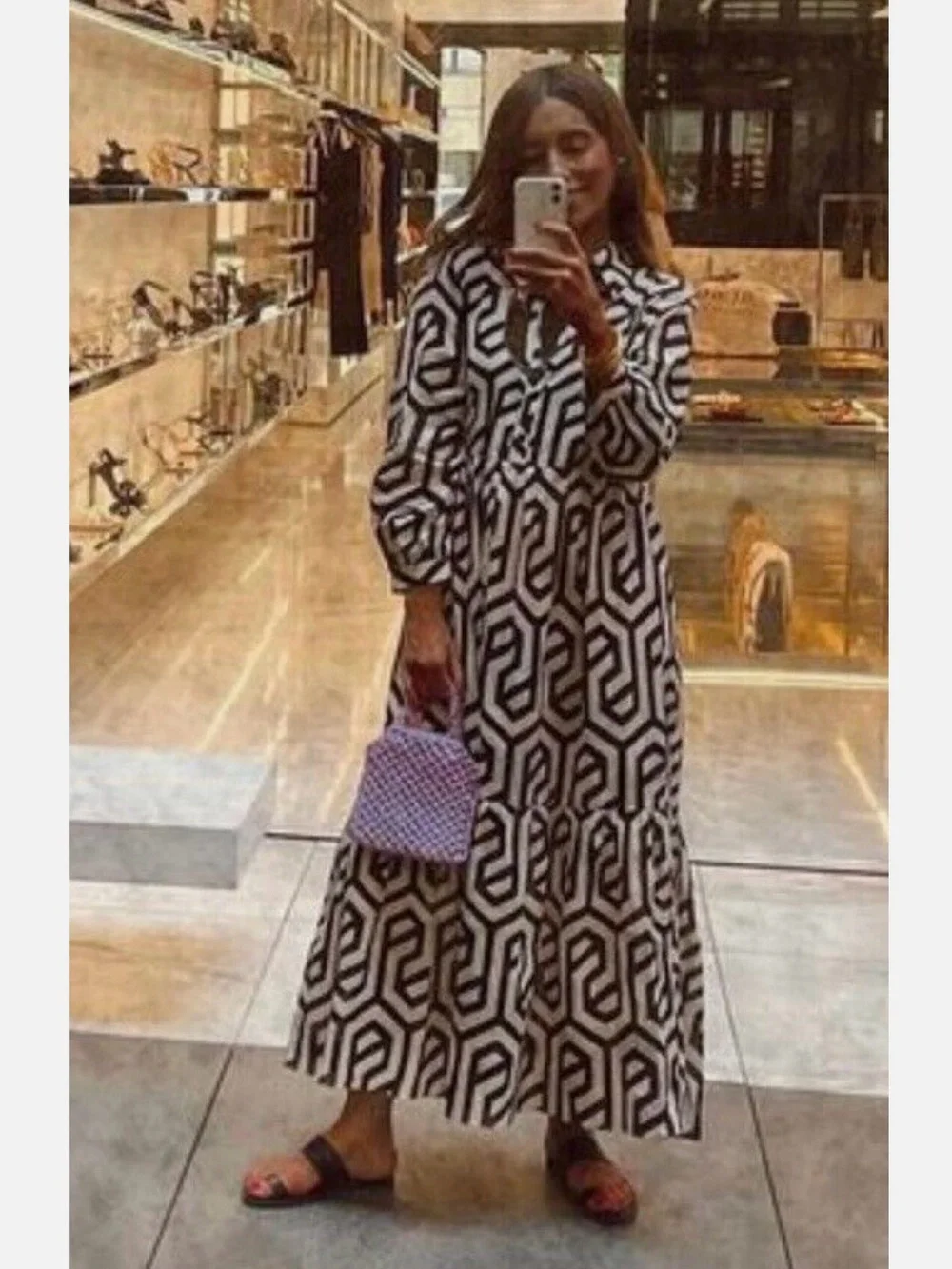 Zara Ivory Black Geometric Pattern Long Sleeve Cotton Tiered Maxi Dress Small - Picture 2 of 10